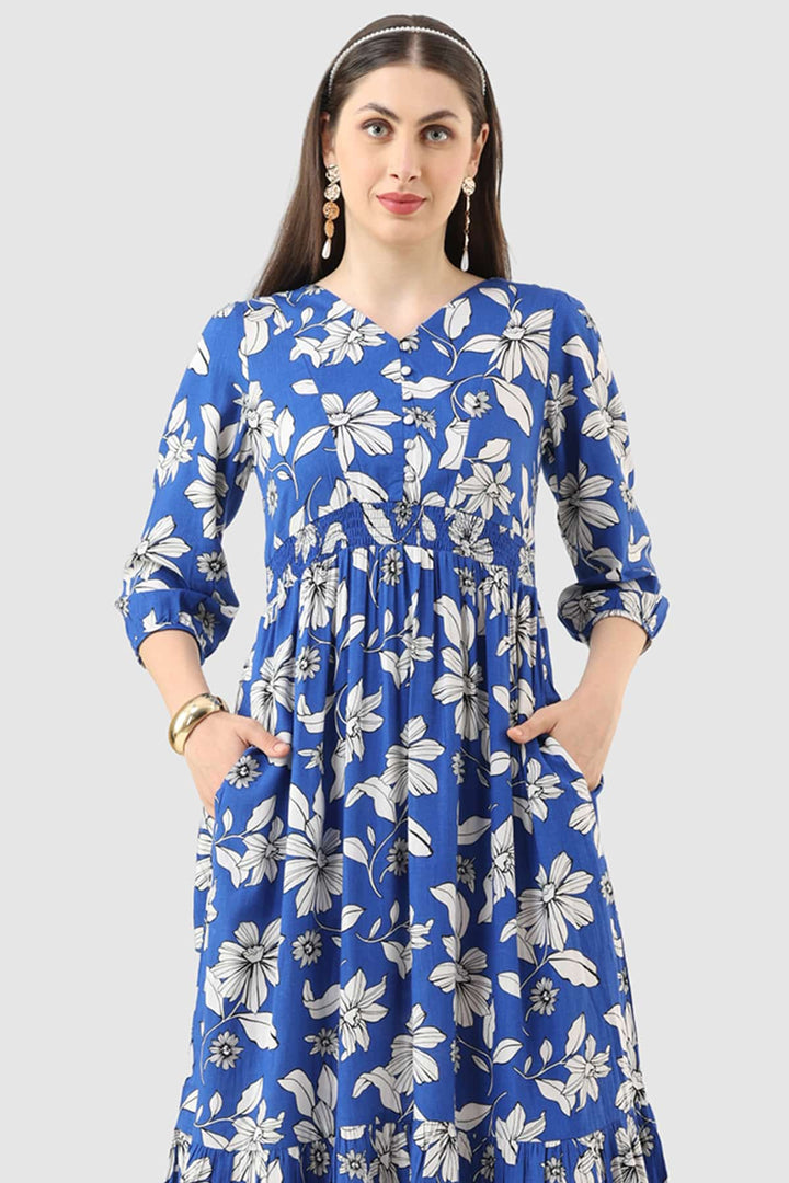Blue Viscose Linen Printed Dress with 3/4th Sleeves &amp; V-Neck