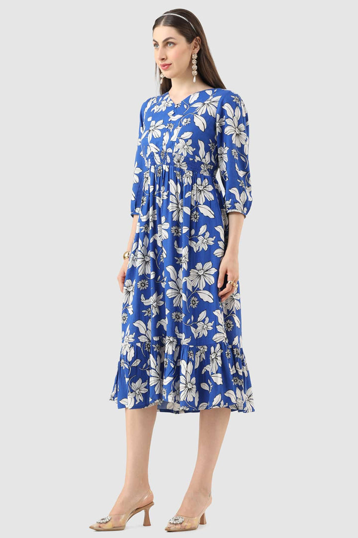 Blue Viscose Linen Printed Dress with 3/4th Sleeves &amp; V-Neck