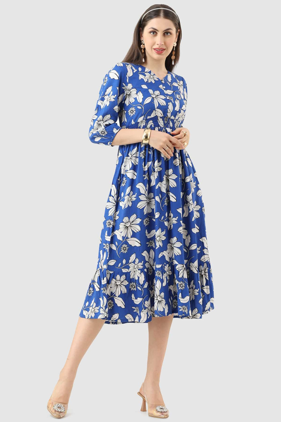 Blue Viscose Linen Printed Dress with 3/4th Sleeves &amp; V-Neck