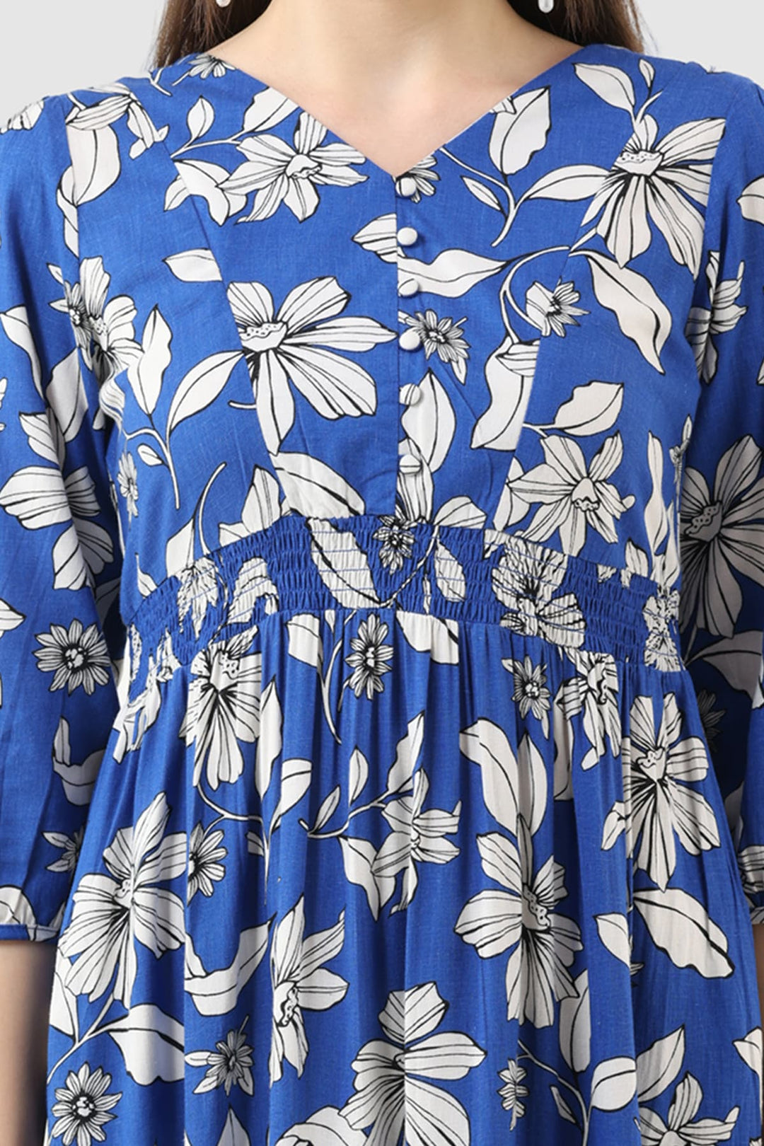 Blue Viscose Linen Printed Dress with 3/4th Sleeves &amp; V-Neck
