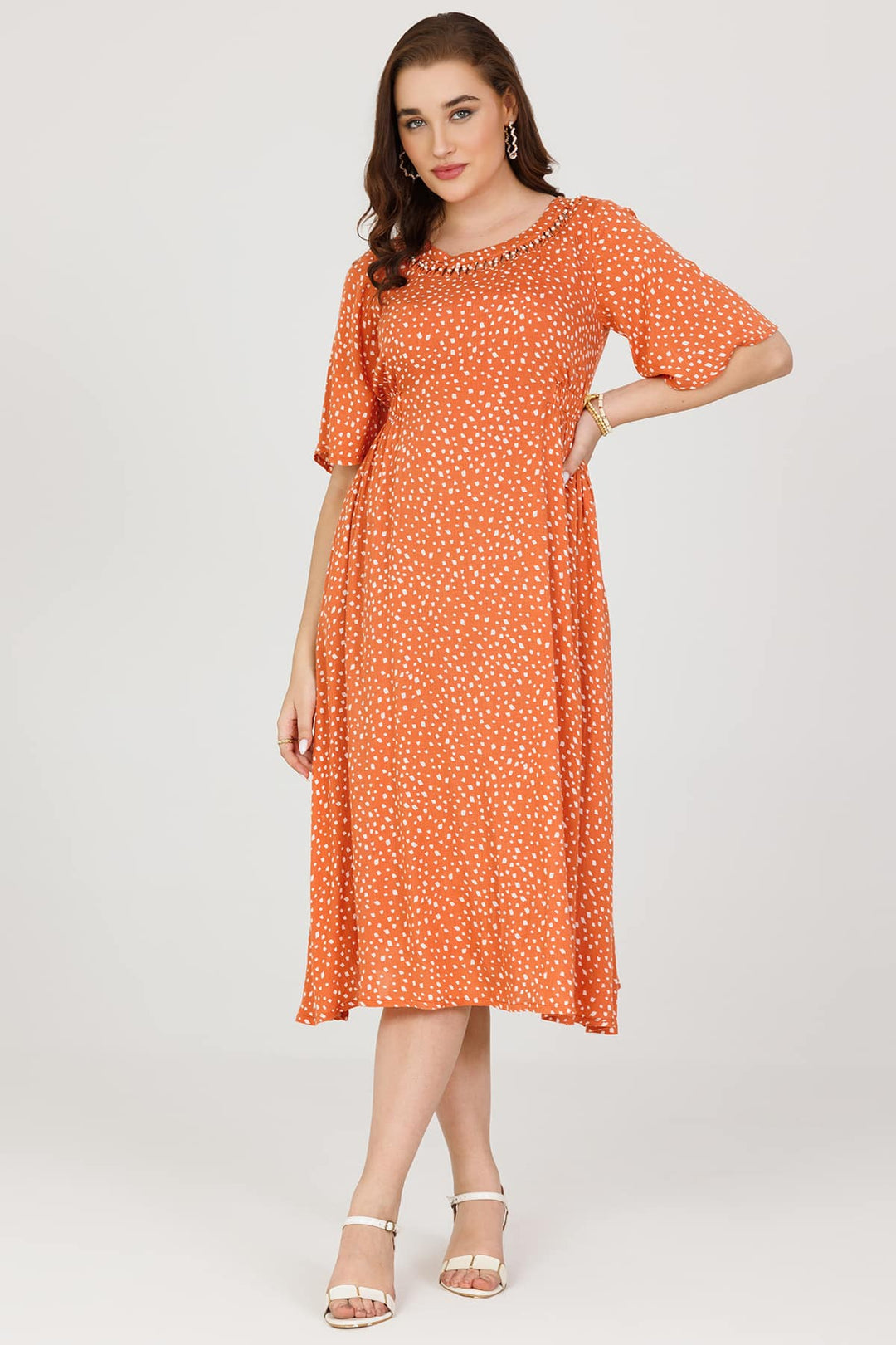 Rust &amp; Orange Printed Rayon Crepe Dress