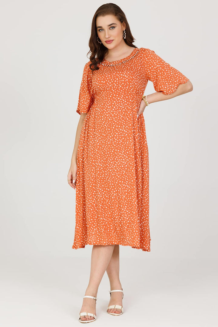 Rust &amp; Orange Printed Rayon Crepe Dress