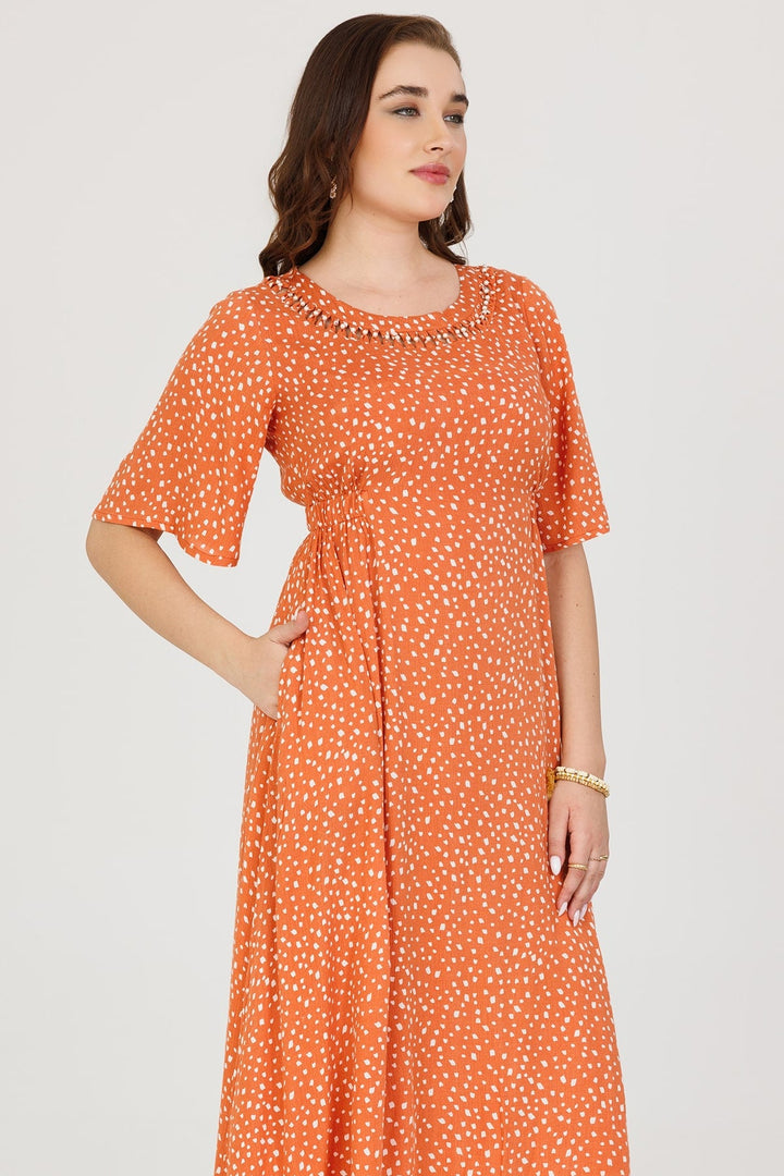 Rust &amp; Orange Printed Rayon Crepe Dress
