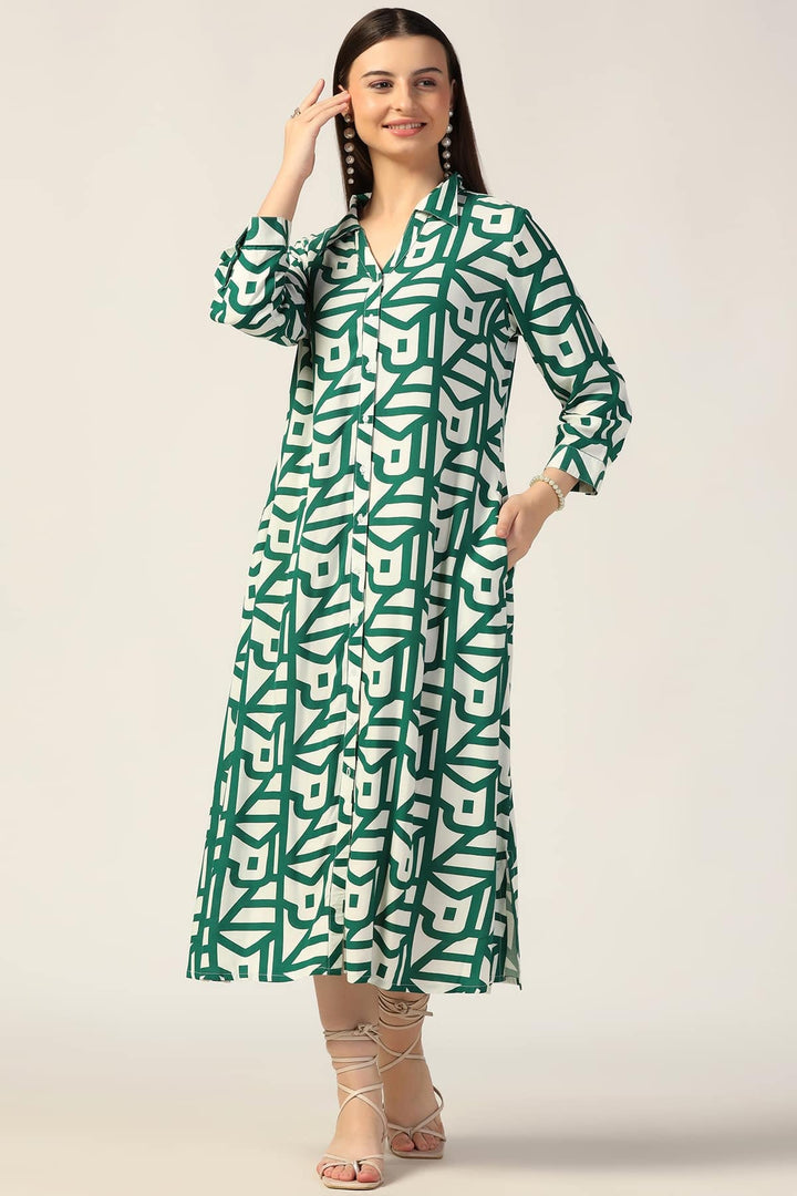 Green Printed Collared Rayon Dress