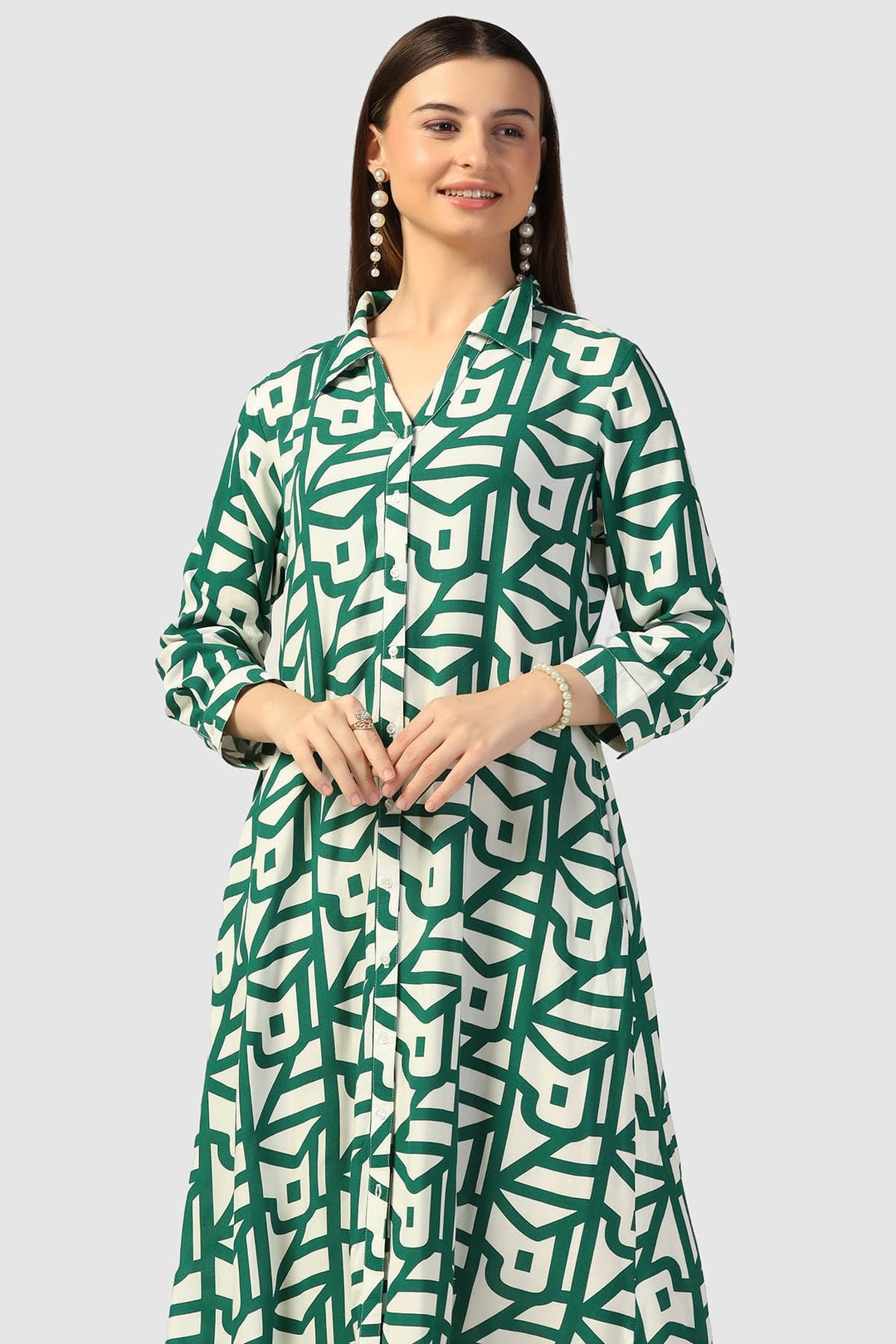 Green Printed Collared Rayon Dress