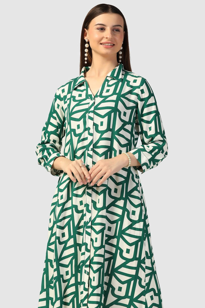 Green Printed Collared Rayon Dress