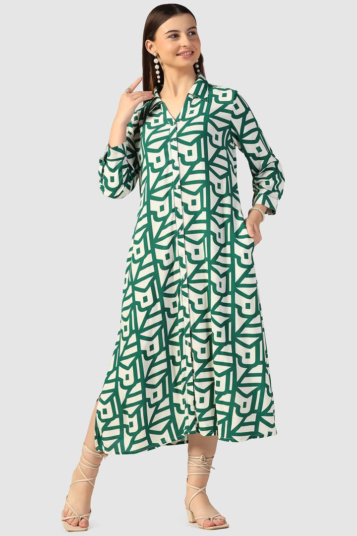 Green Printed Collared Rayon Dress