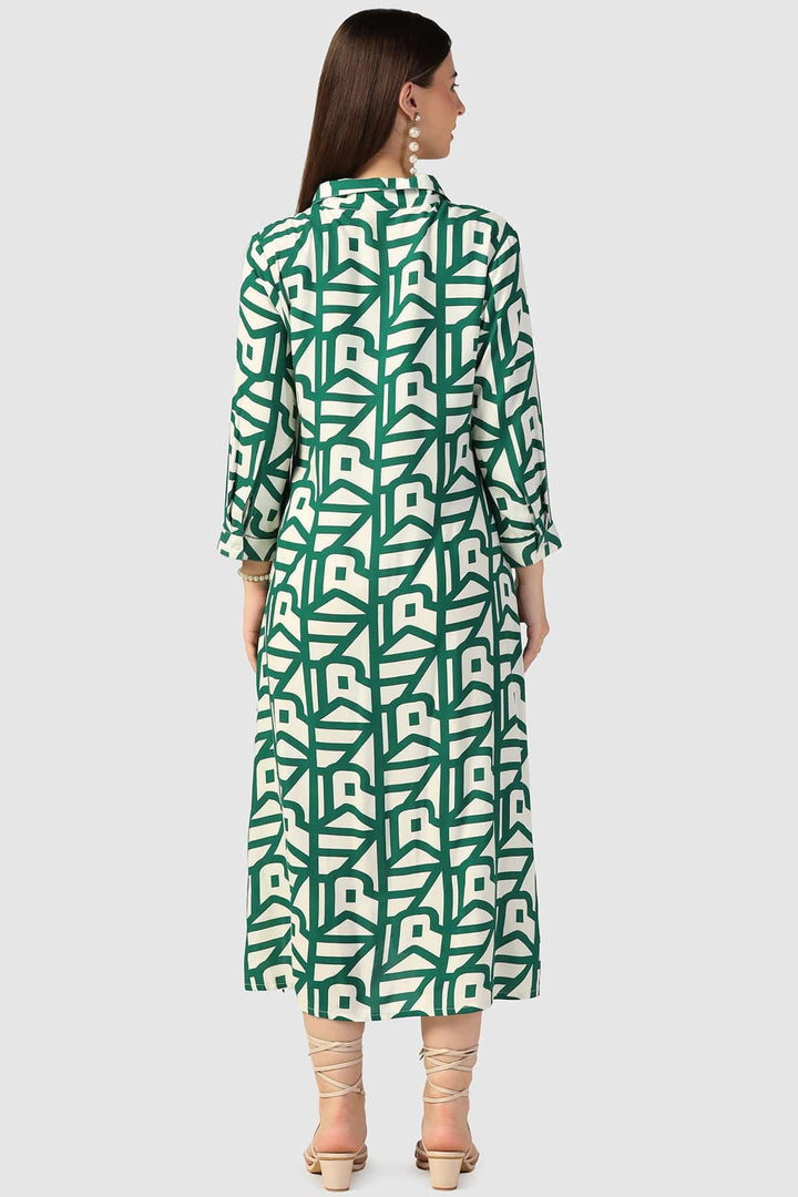 Green Printed Collared Rayon Dress