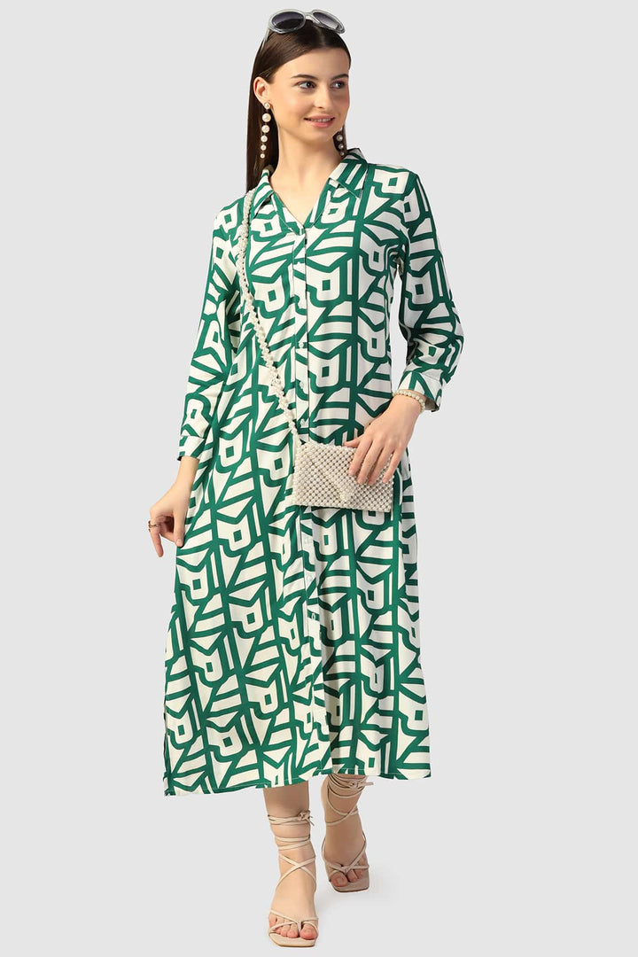 Green Printed Collared Rayon Dress