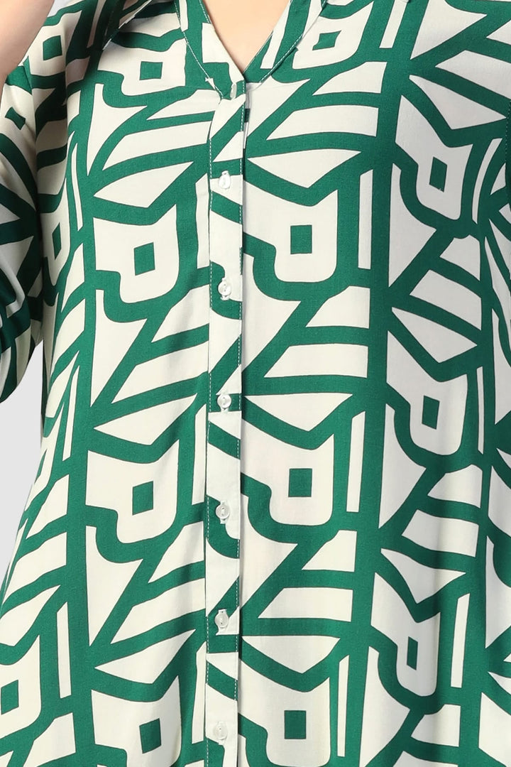 Green Printed Collared Rayon Dress