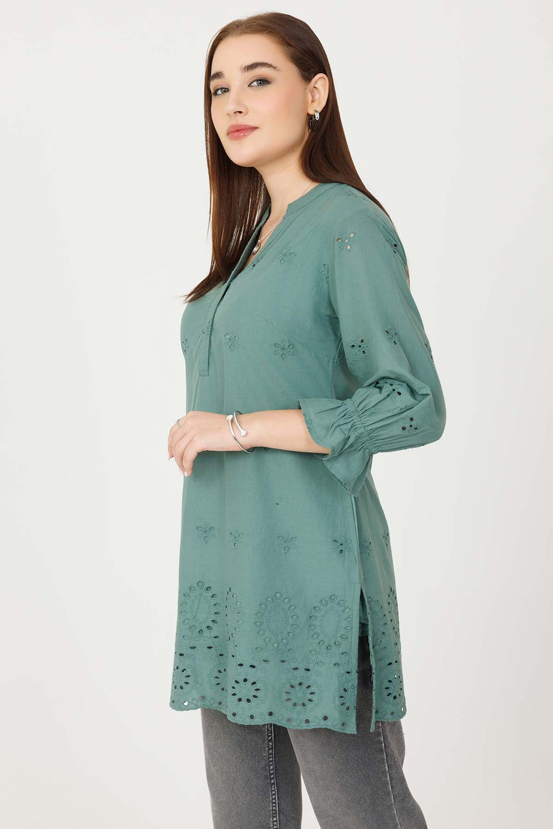 Vintage Teal Schiffli Embroidered Tunic with Bell Sleeves