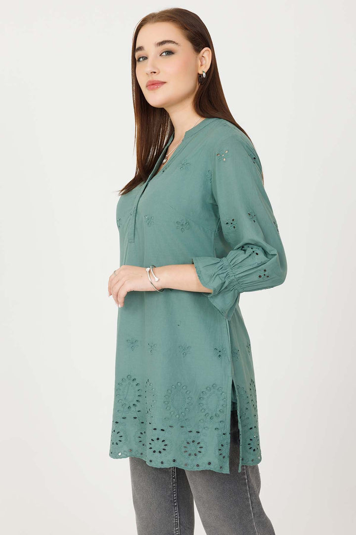 Vintage Teal Schiffli Embroidered Tunic with Bell Sleeves