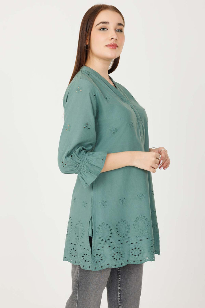 Vintage Teal Schiffli Embroidered Tunic with Bell Sleeves