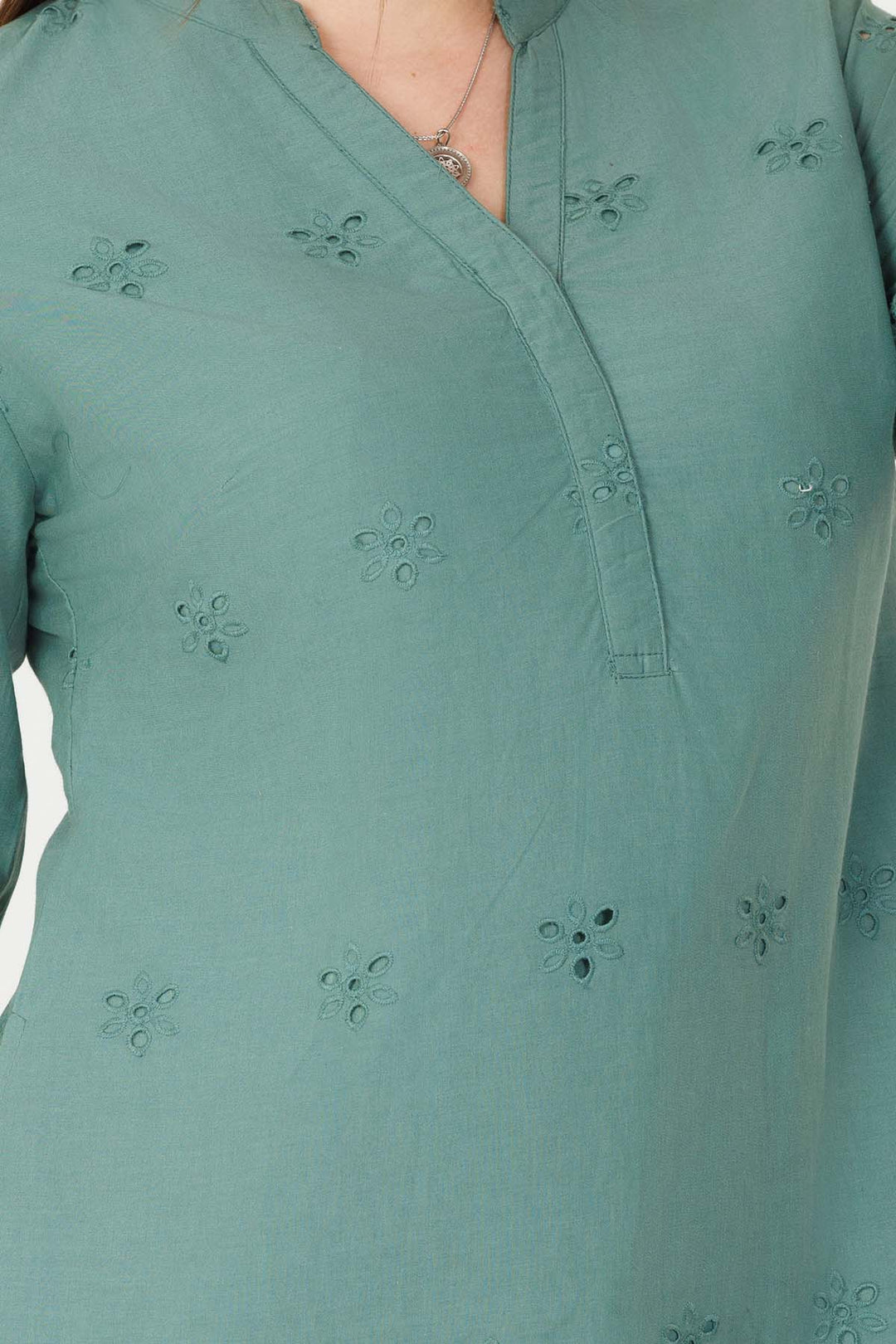 Vintage Teal Schiffli Embroidered Tunic with Bell Sleeves