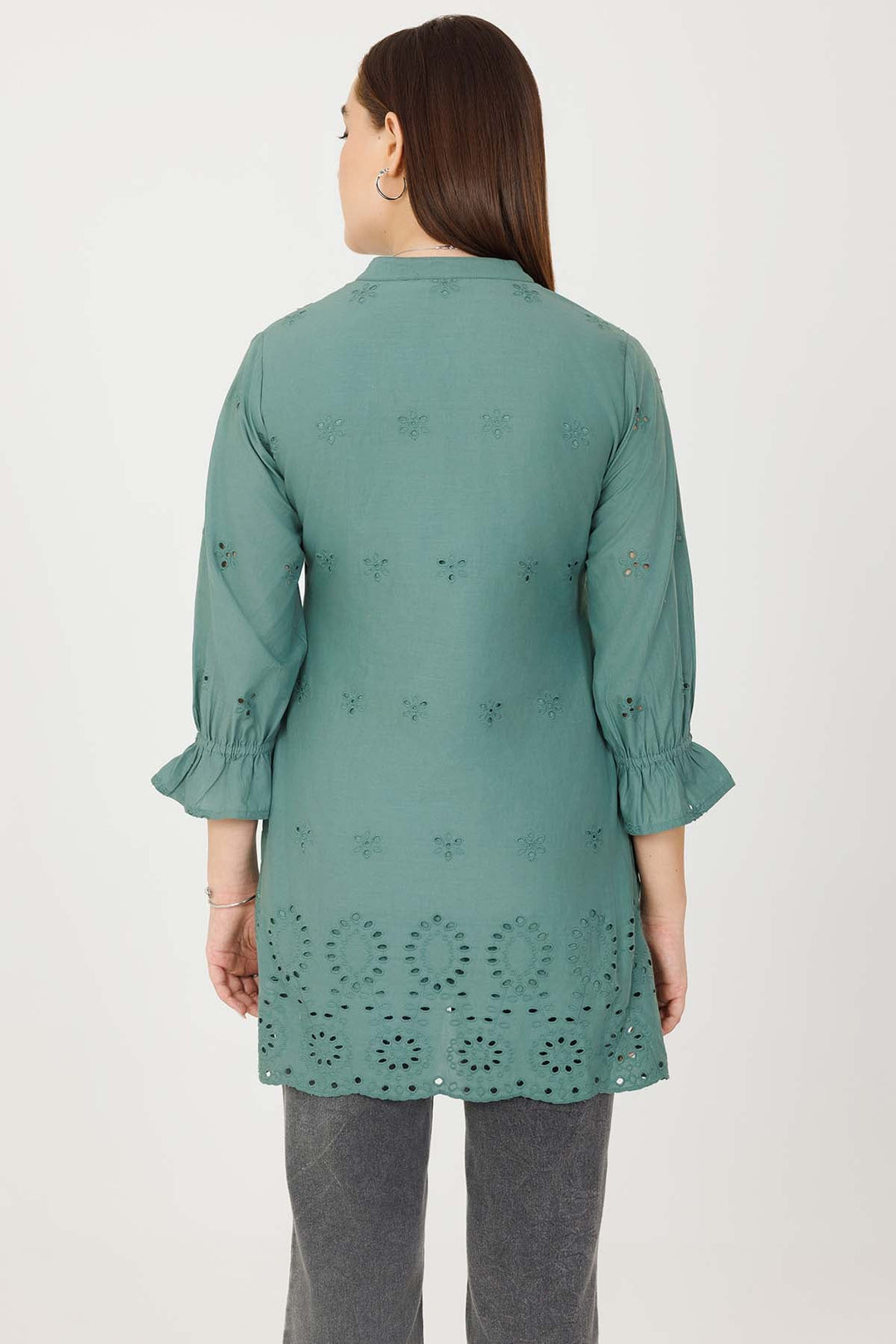 Vintage Teal Schiffli Embroidered Tunic with Bell Sleeves