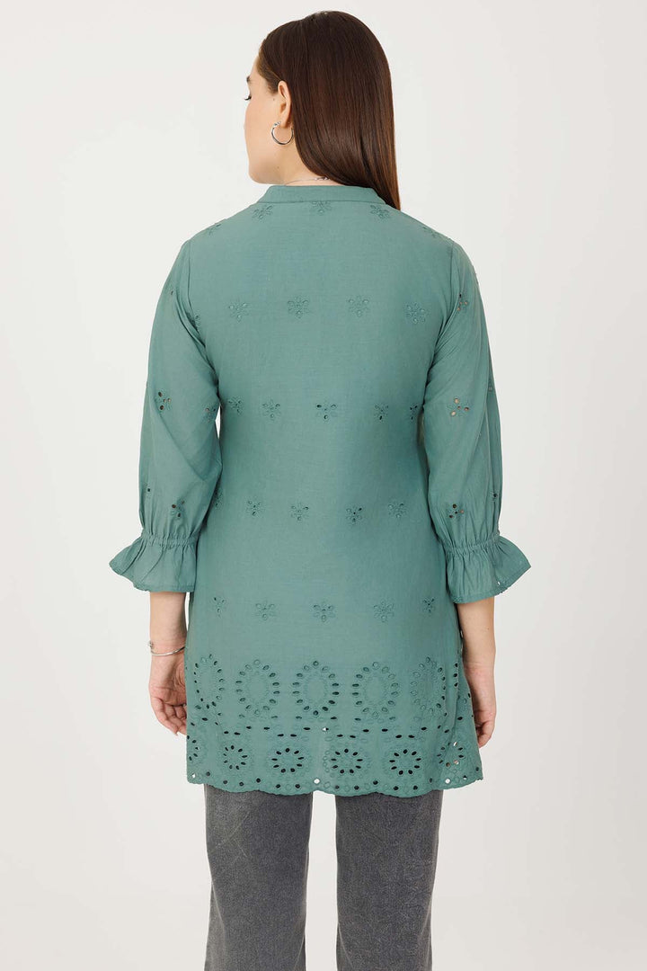 Vintage Teal Schiffli Embroidered Tunic with Bell Sleeves