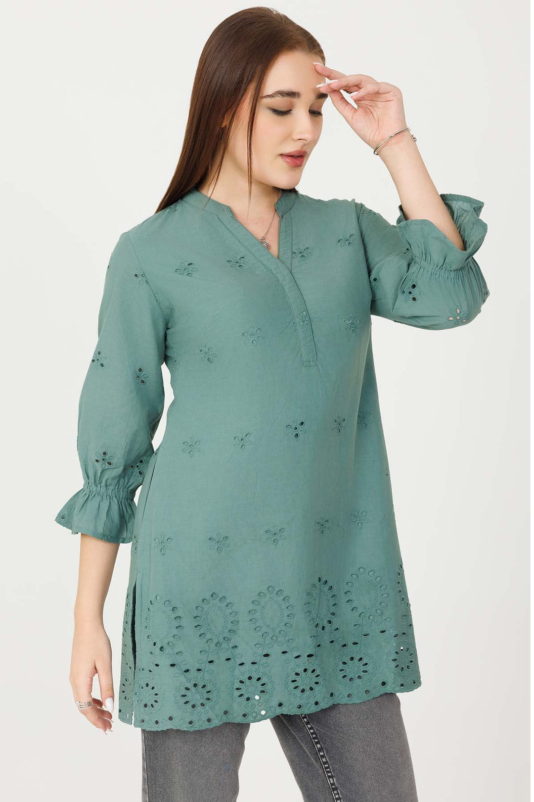 Vintage Teal Schiffli Embroidered Tunic with Bell Sleeves
