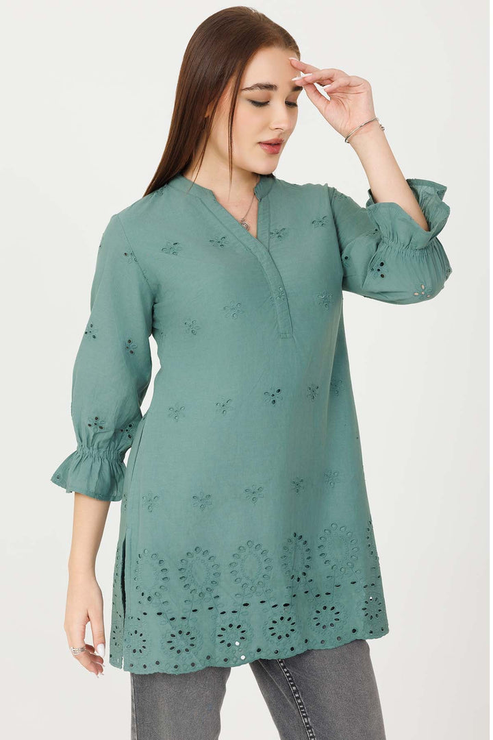 Vintage Teal Schiffli Embroidered Tunic with Bell Sleeves