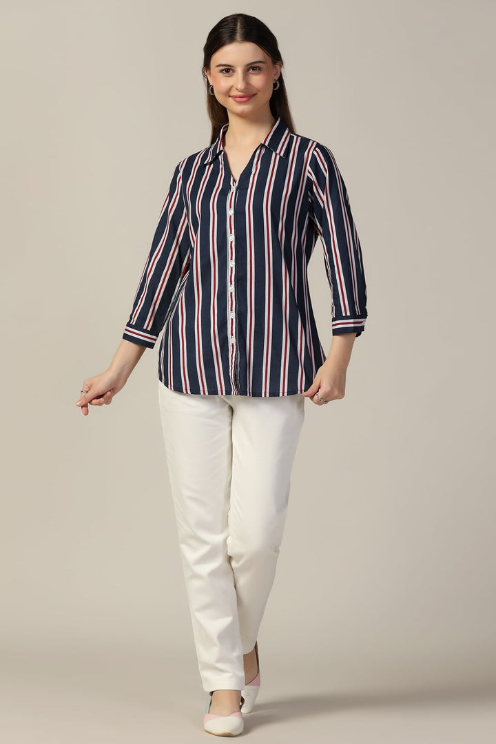 Blue Striped Collared Rayon Slub Shirt