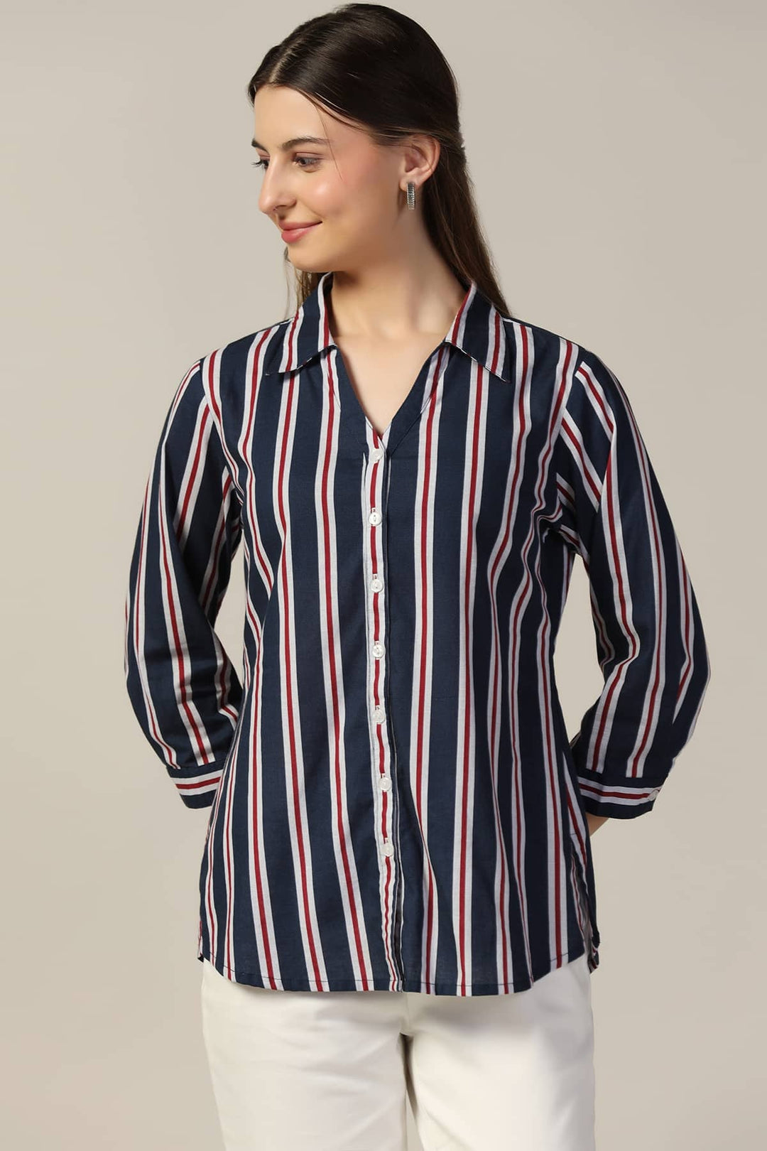 Blue Striped Collared Rayon Slub Shirt