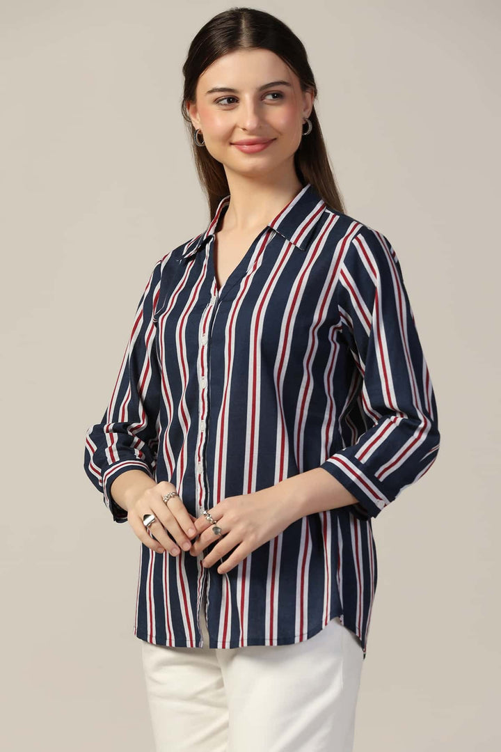 Blue Striped Collared Rayon Slub Shirt