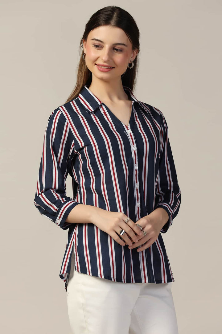 Blue Striped Collared Rayon Slub Shirt