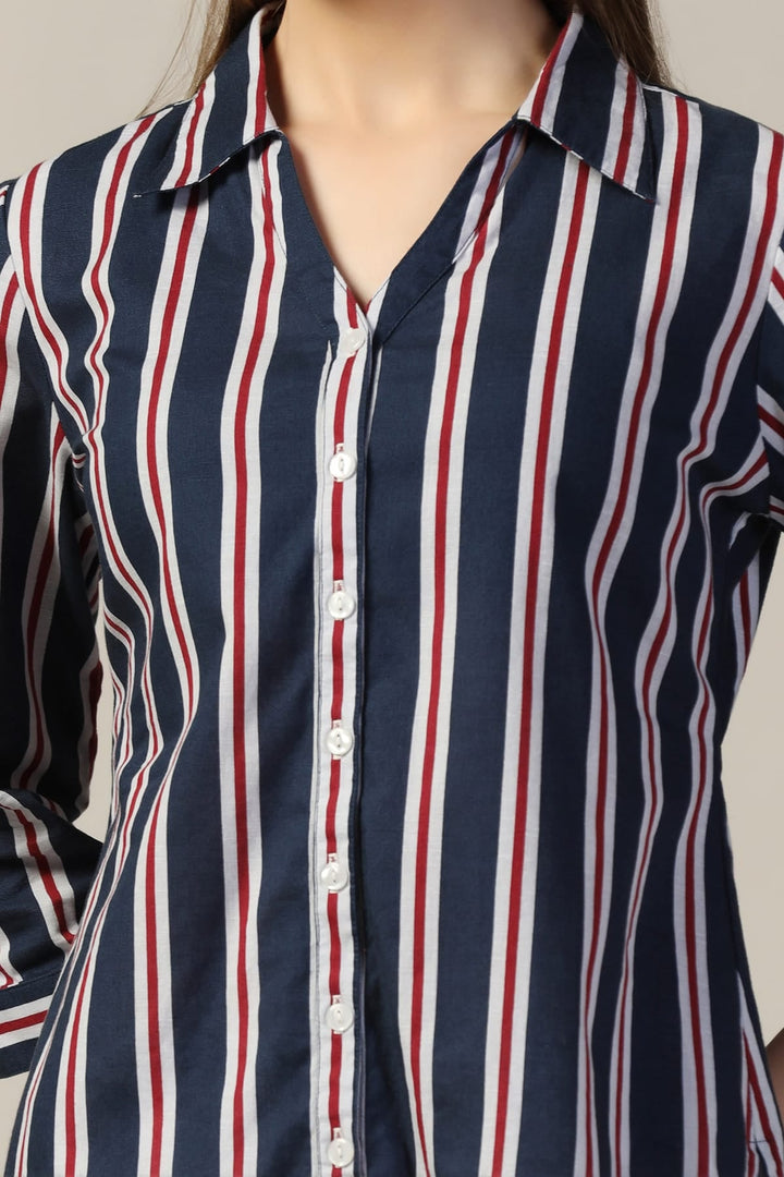 Blue Striped Collared Rayon Slub Shirt