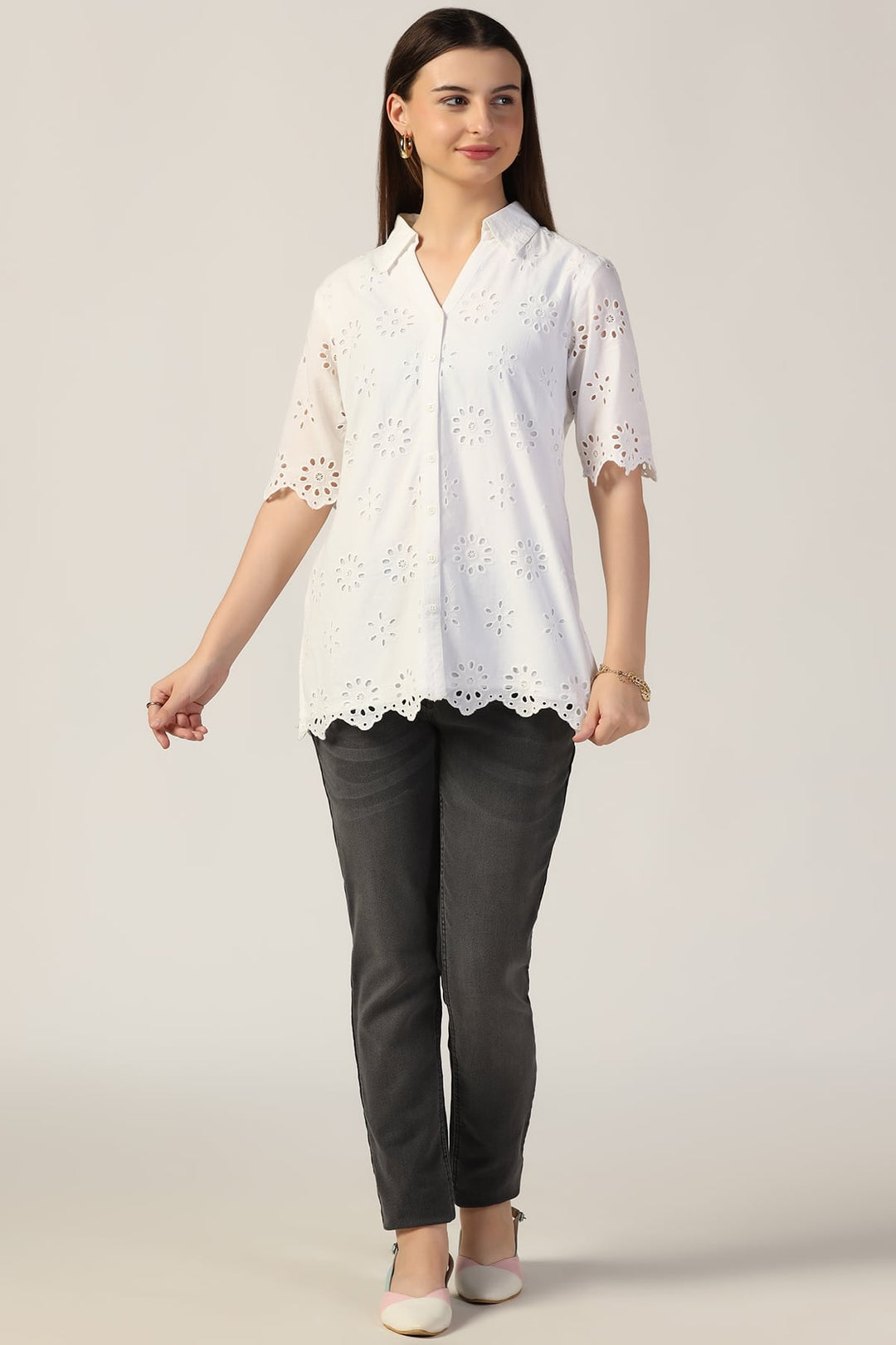 Cotton Schiffli Embroidered Shirt
