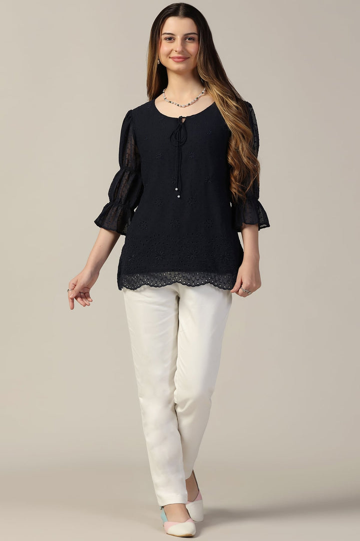 Navy Blue Chiffon Embroidered Top with Bell Sleeves