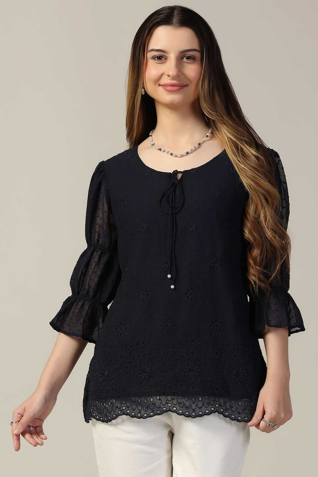 Navy Blue Chiffon Embroidered Top with Bell Sleeves