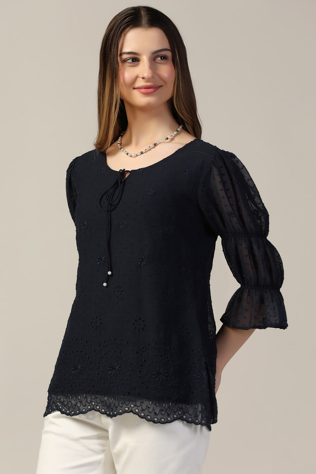 Navy Blue Chiffon Embroidered Top with Bell Sleeves