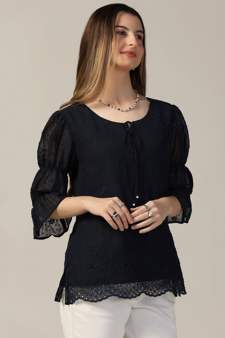 Navy Blue Chiffon Embroidered Top with Bell Sleeves