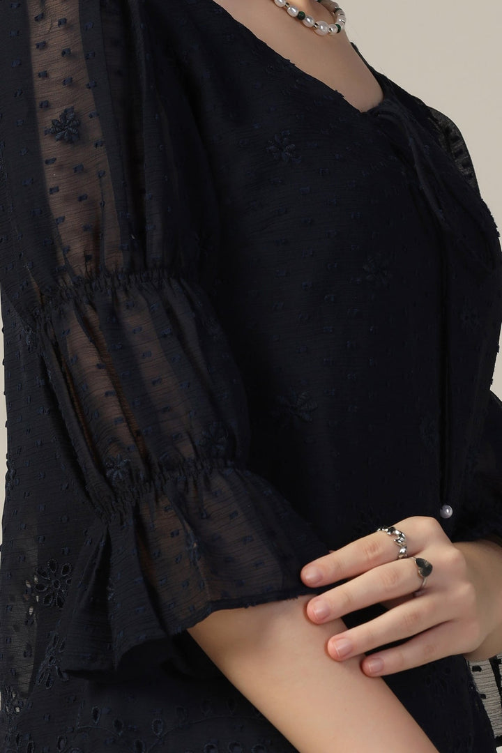 Navy Blue Chiffon Embroidered Top with Bell Sleeves