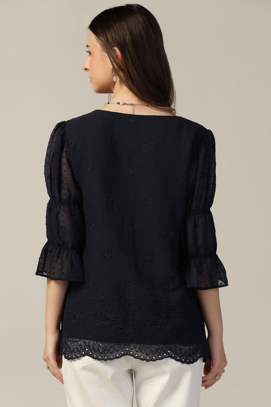 Navy Blue Chiffon Embroidered Top with Bell Sleeves