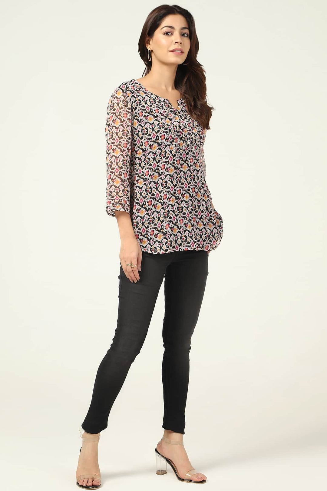 Blue Printed Chiffon Top with 3/4th Sleeves