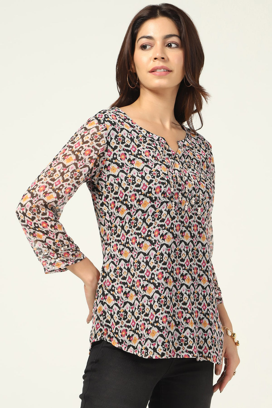 Blue Printed Chiffon Top with 3/4th Sleeves