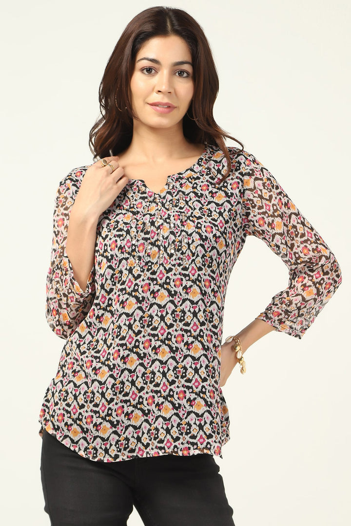 Blue Printed Chiffon Top with 3/4th Sleeves