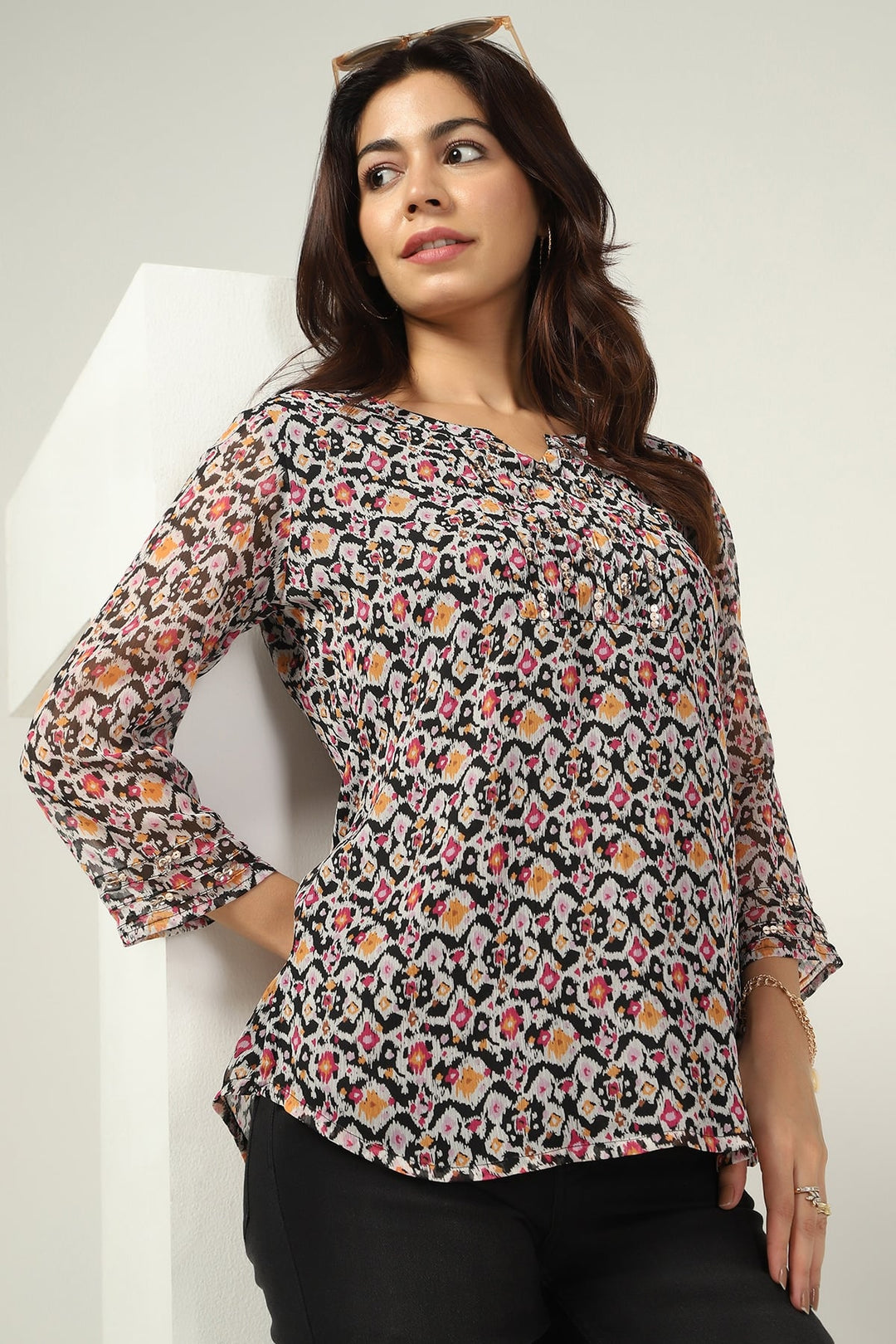 Blue Printed Chiffon Top with 3/4th Sleeves