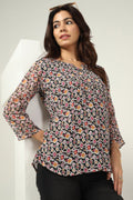 Blue Printed Chiffon Top with 3/4th Sleeves