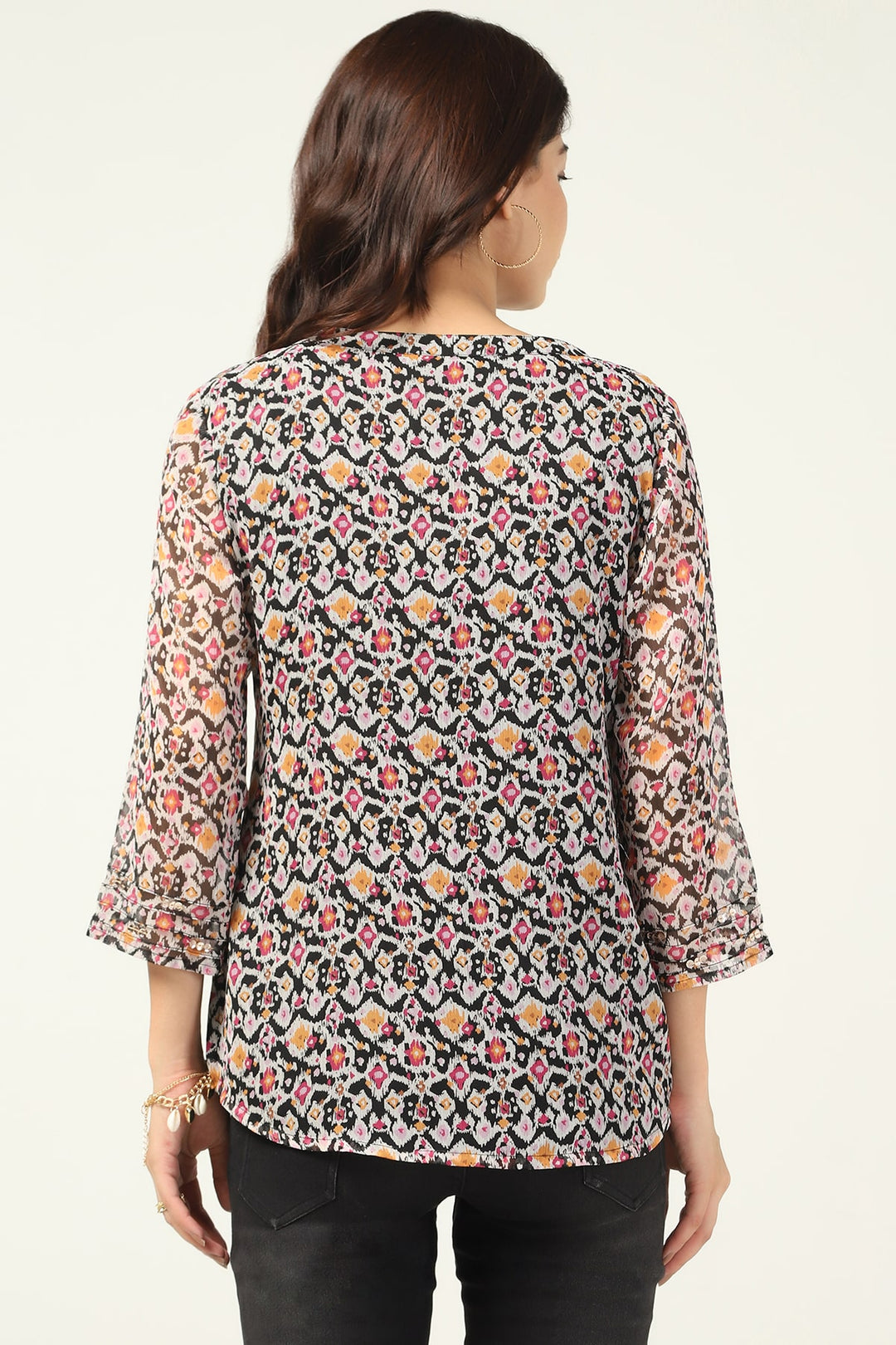 Blue Printed Chiffon Top with 3/4th Sleeves
