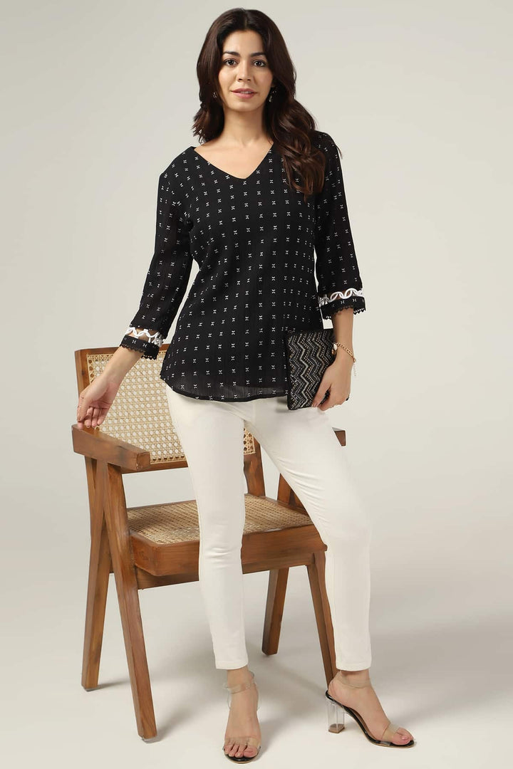 Black Cotton Crepe V-Neck Printed Top
