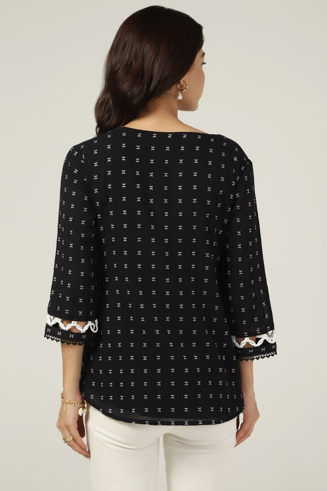 Black Cotton Crepe V-Neck Printed Top
