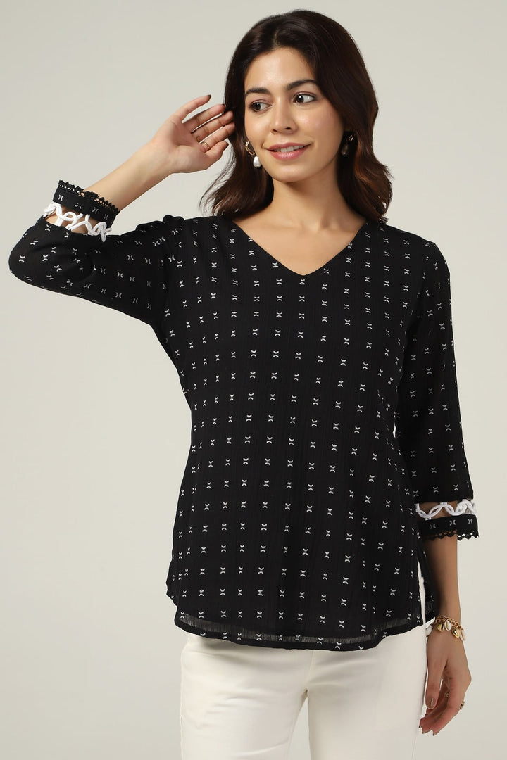 Black Cotton Crepe V-Neck Printed Top