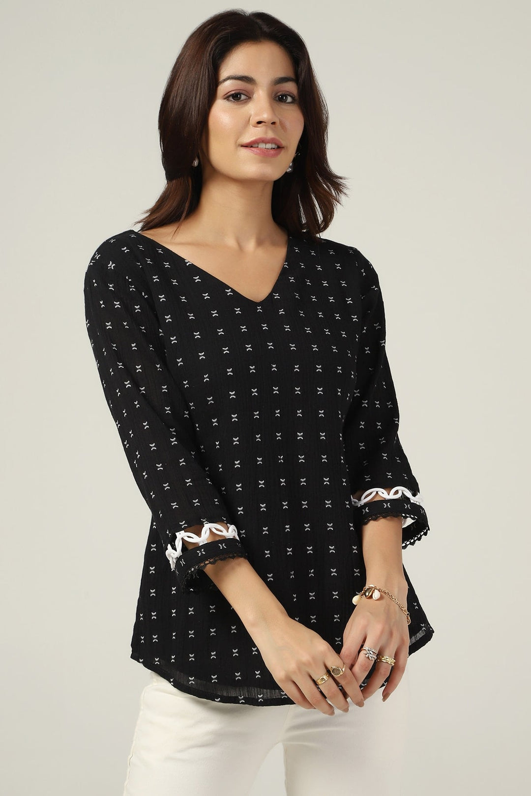 Black Cotton Crepe V-Neck Printed Top