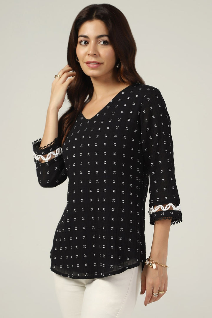 Black Cotton Crepe V-Neck Printed Top