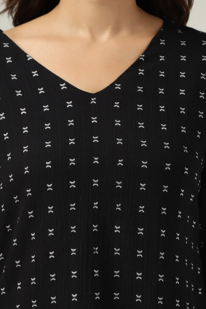 Black Cotton Crepe V-Neck Printed Top