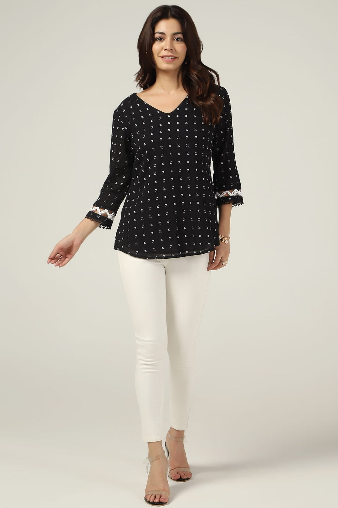 Black Cotton Crepe V-Neck Printed Top
