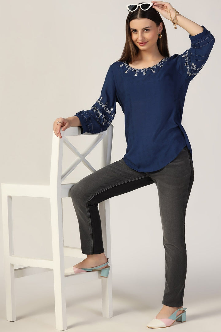 Blue Embroidered Casual Top
