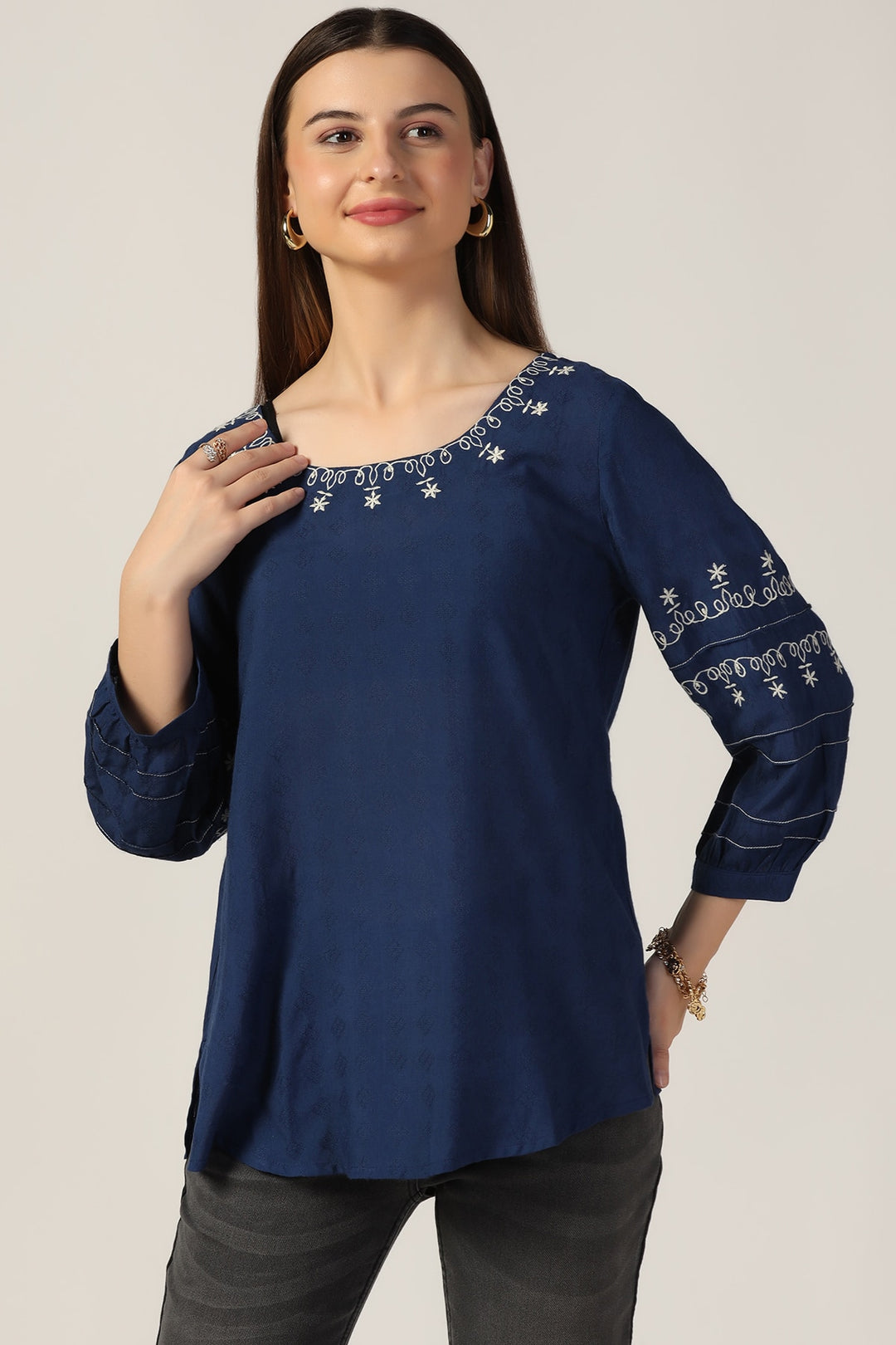 Blue Embroidered Casual Top