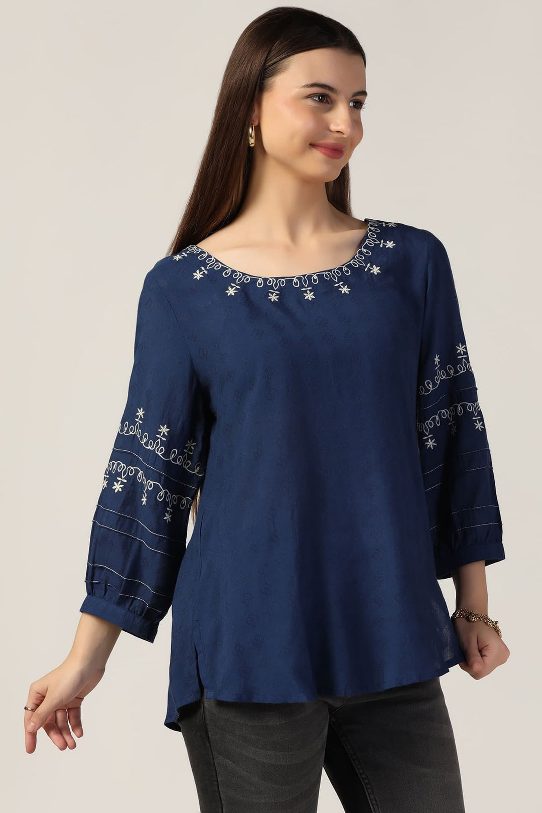 Blue Embroidered Casual Top